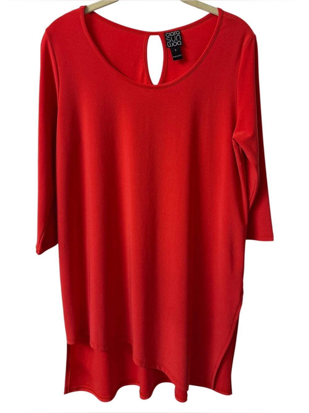 Clara SunWoo Asymmetrical Hi-Low Tunic Top Size Medium Bright Red Made in USA